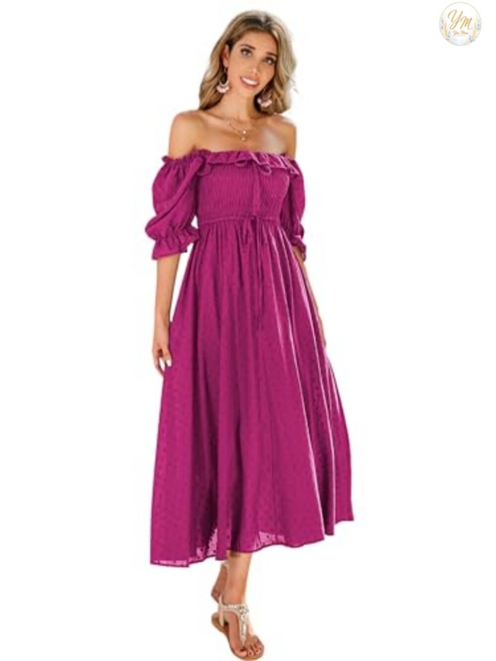 100% Cotton A Line Midi Dress Ruffle Puff Sleeve Backless Casual Summer